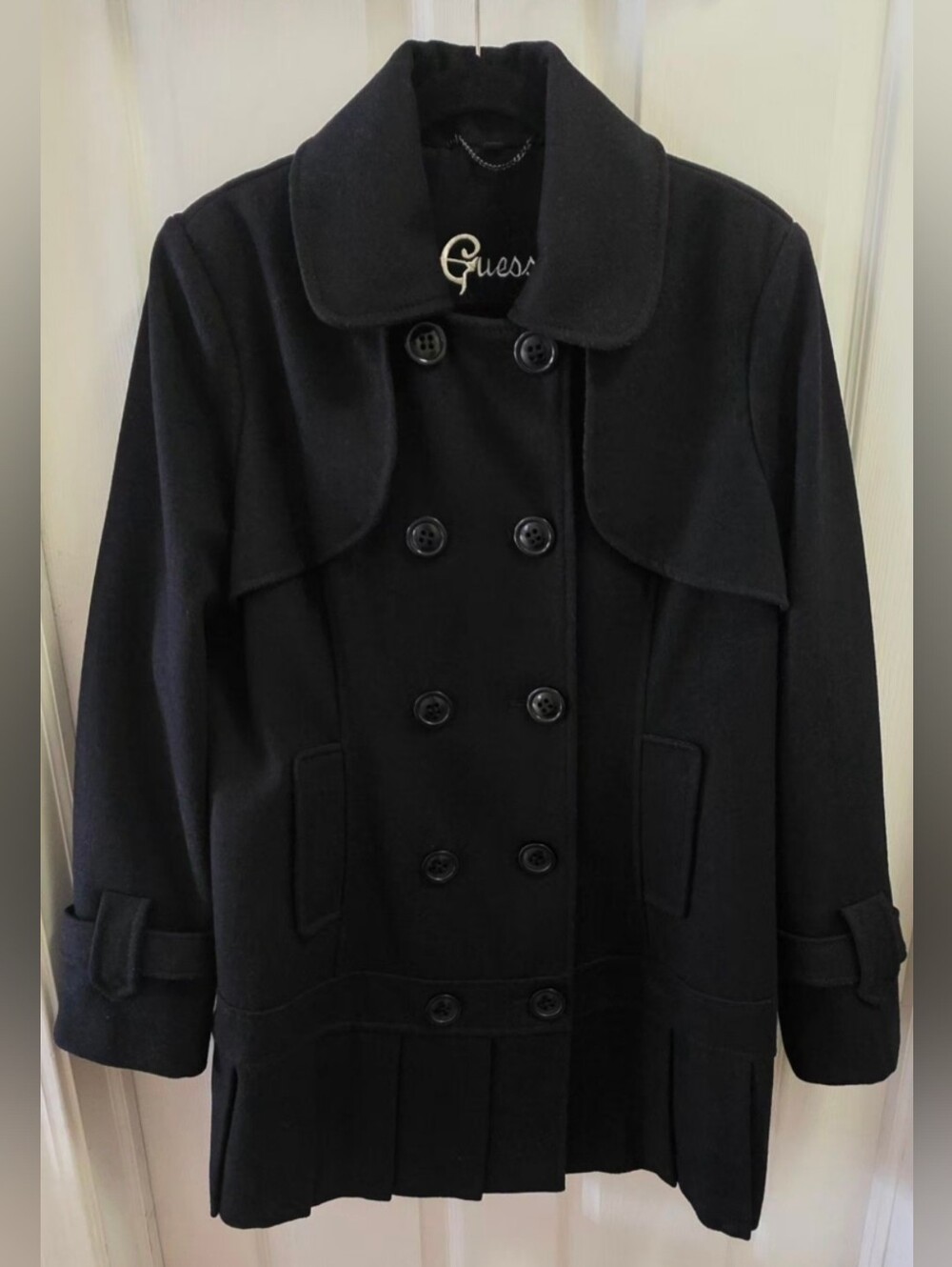 BNWOT Vintage Y2K GUESS Women's Black Double-Breasted Wool Blend Pea Coat Sz XL